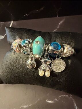 Silver Turquoise & Blue Charm Teddy Bear Bracelet for Women Beads & Dangles